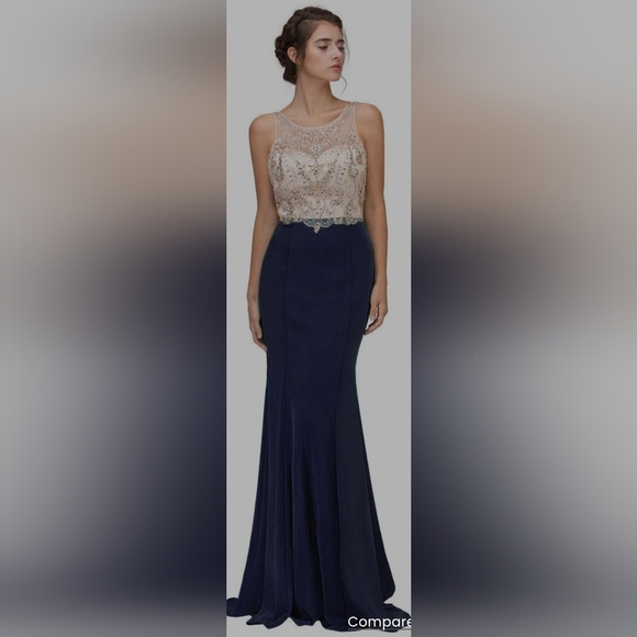 Mermaid Dress Illusion Beaded Top Stretch Satin blue gold Mermaid Dress Illusion Beaded Top Stretch Satin blue gold